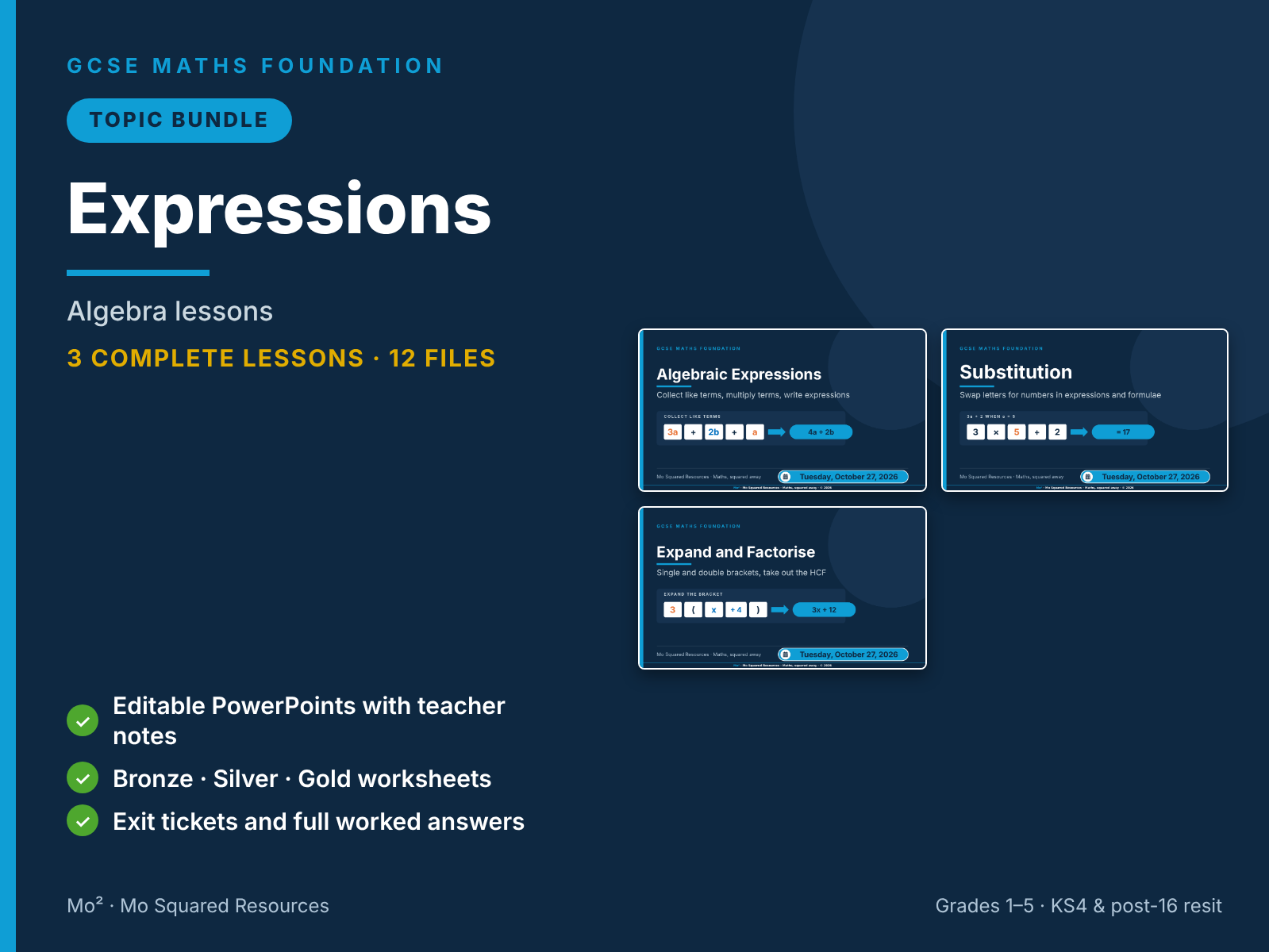 Expressions – 3 GCSE Maths Foundation Lessons (Topic Bundle) with Worksheets & Answers