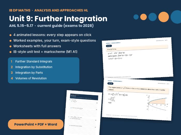 IB Maths AA HL Further Integration – HL Unit 9: substitution, parts, volumes of revolution, IB test