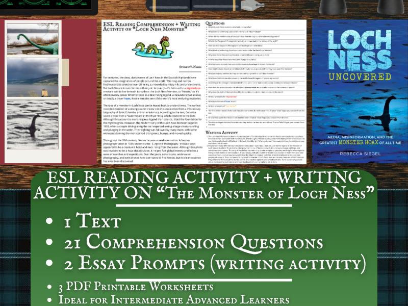 ESL Reading Comprehension + Writing Activity Worksheets - The Monster of Loch Ness - Scotland