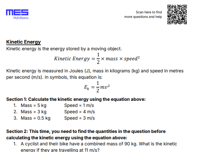GCSE AQA Topic 1: Kinetic Energy FT Worksheet