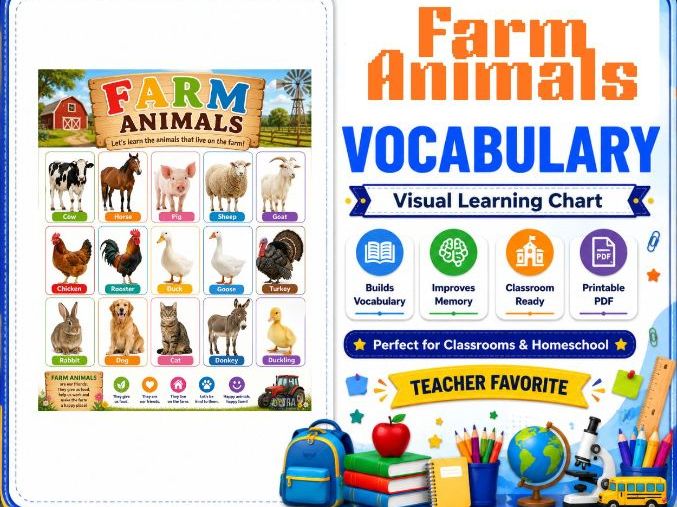 Printable Farm Animal Names Poster– Visual Vocabulary & Early Science Learning Chart for Children