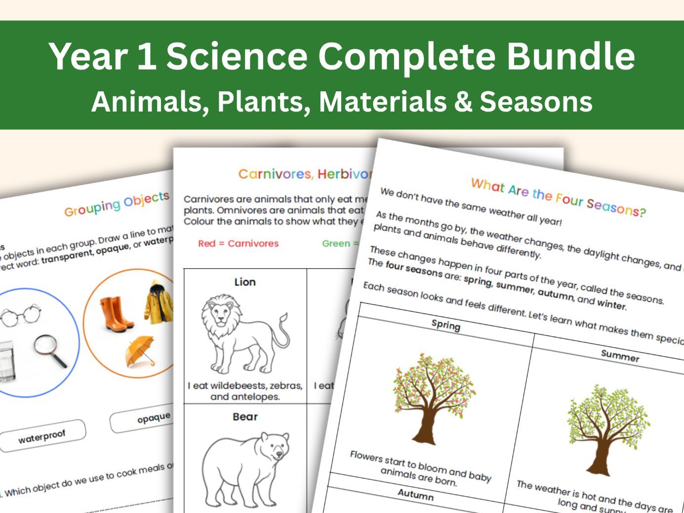 Year 1 Science Complete Workbook Bundle | Animals, Plants, Materials & Seasons | KS1 National Curriculum