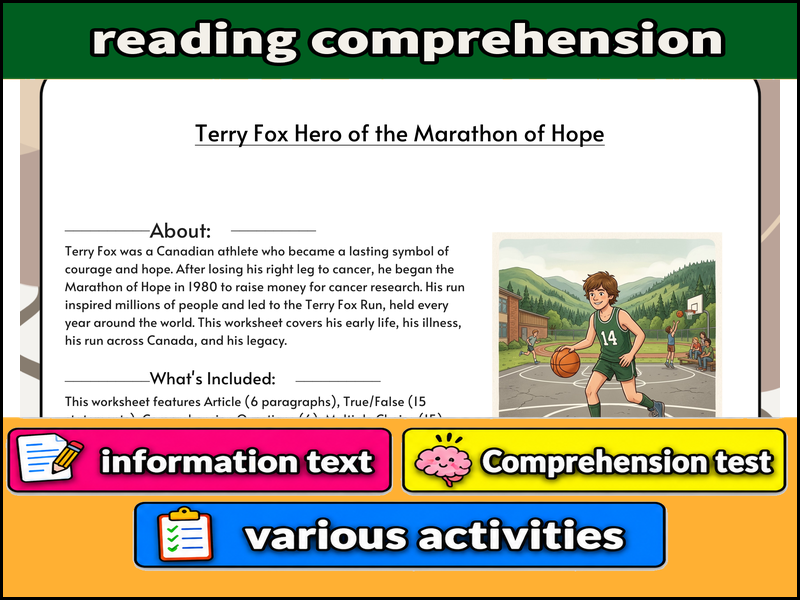 Terry Fox Hero of the Marathon of Hope  & Comprehension Test