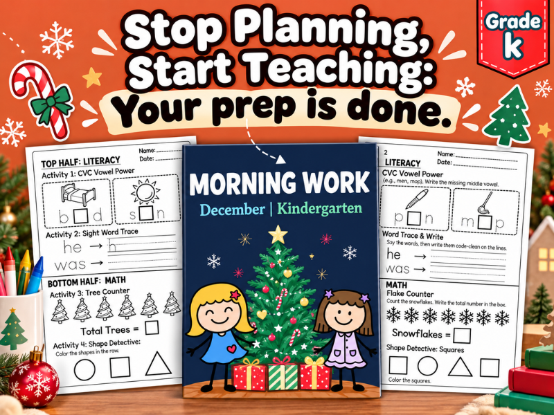 December Morning Work Kindergarten Worksheets — Daily ELA & Math Spiral Review (20 Days)