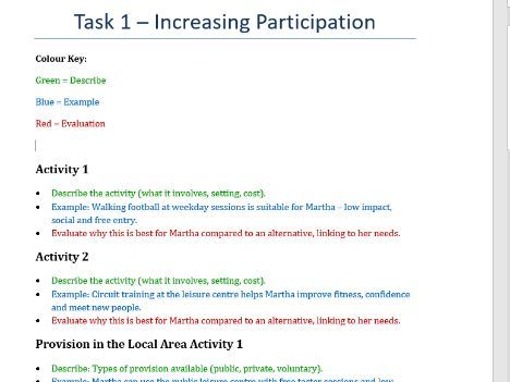 BTEC Tech Award Sport (2022 Spec) – Component 1 Templates Tasks 1–3, Colour-Coded with Exam