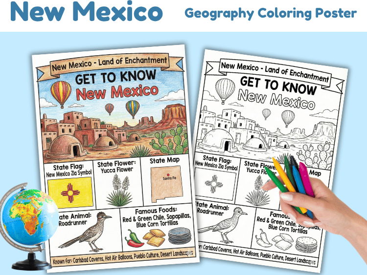 New Mexico Geography Coloring Poster | State Facts & Symbols