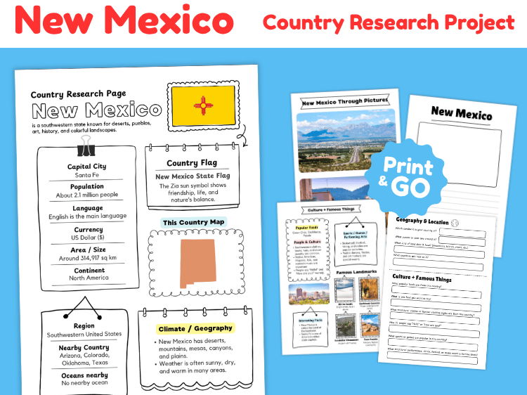 New Mexico State Research Project | US Geography & State Study Worksheets