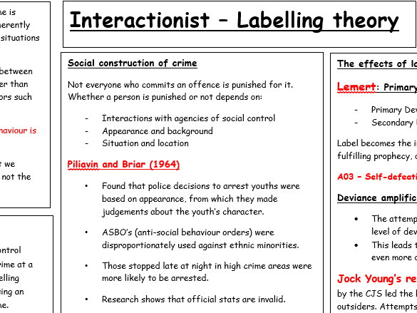 Labelling theory of crime and deviance - summary sheet