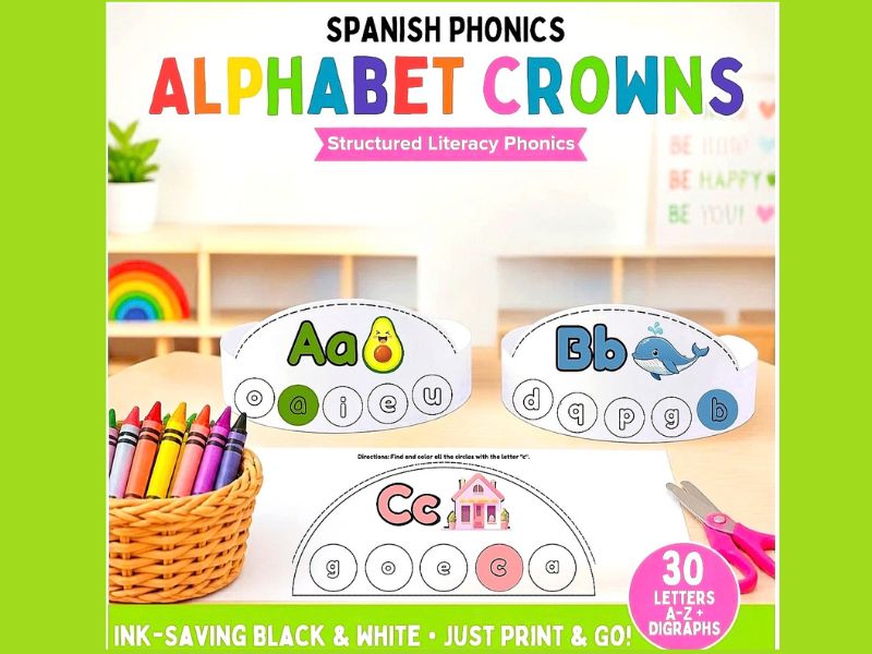 Spanish Alphabet Crowns A-Z Abecedario Phonics Structured Literacy No Prep Resource