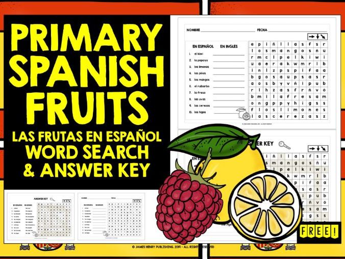 PRIMARY SPANISH FRUITS WORD SEARCH FREEBIE