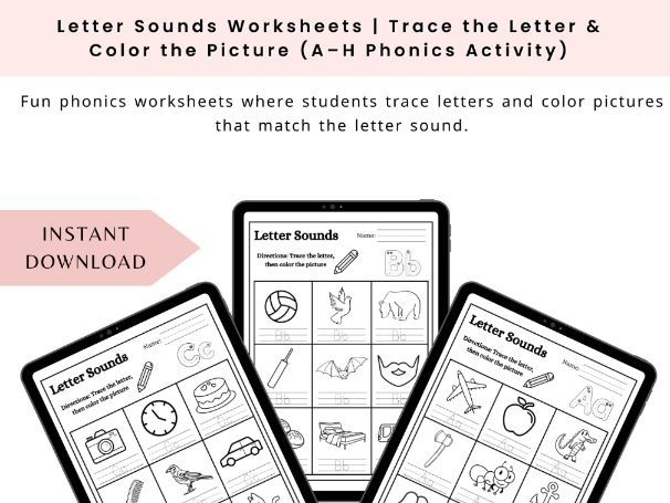 Letter Sounds Worksheets | Trace the Letter & Color the Picture (A–H Phonics Activity)
