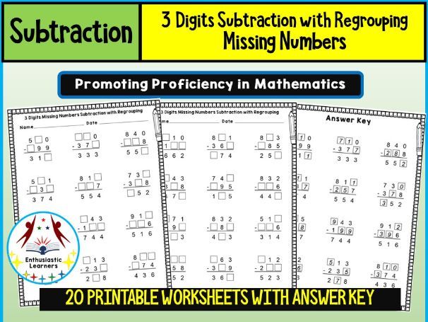 3-Digits Subtraction with Borrowing Missing Numbers Worksheets – Practice Activity