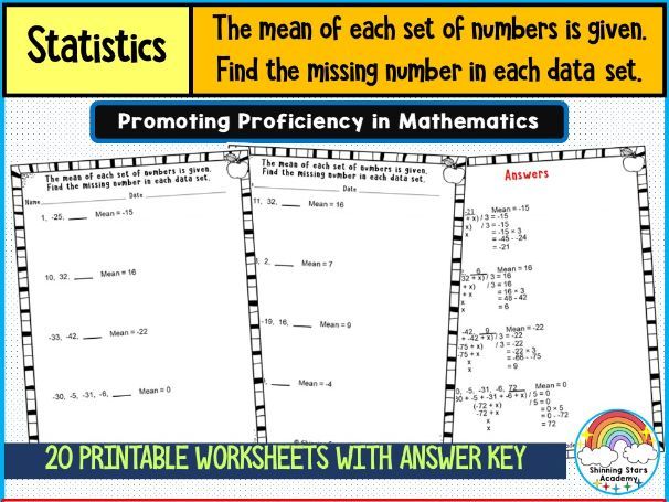 The Mean of Each Set of Numbers Is Given – Find the Missing Number in Each Data Set Worksheets