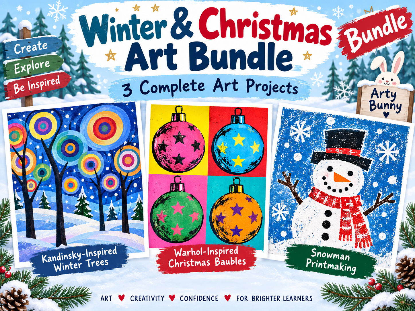 KS2 Winter & Christmas Art Bundle | 3 Complete Art Projects