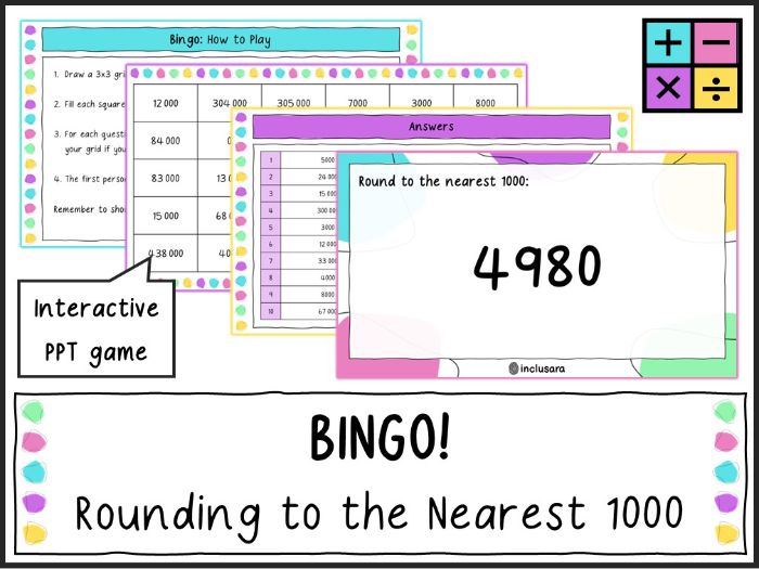 Rounding to the Nearest 1000 Bingo Game for KS2 and KS3