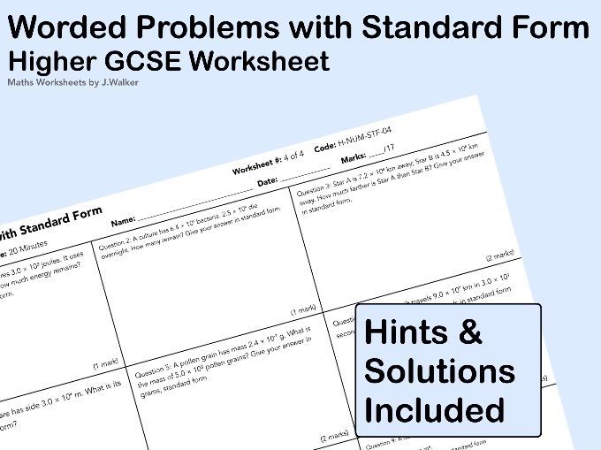 GCSE Maths Worksheet: Worded Problems with Standard Form - Higher Tier