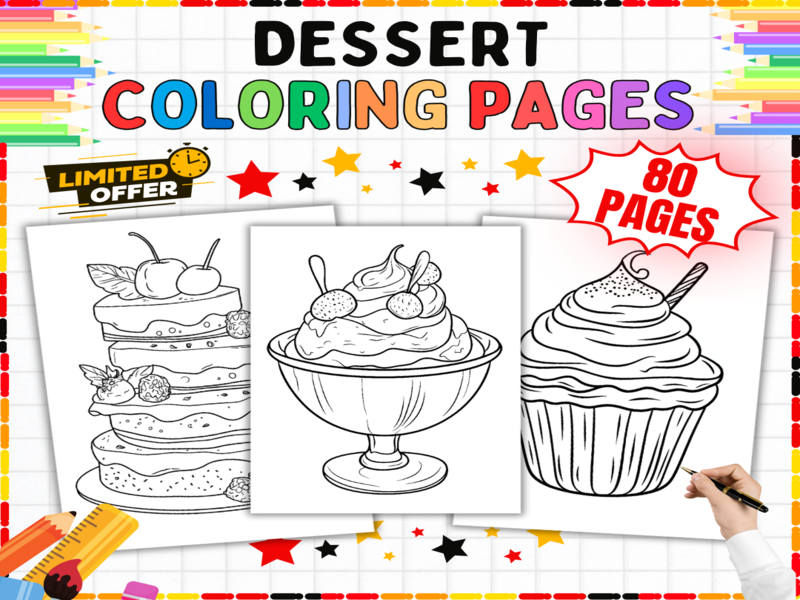 80 Dessert Colouring Pages | 80 Sweet Treats & Cakes Worksheets for Primary School Children