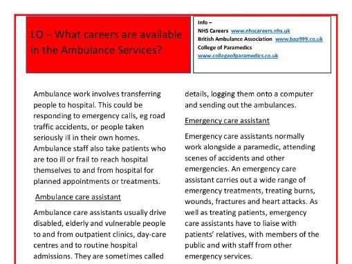 What careers are available in the Ambulance  service?