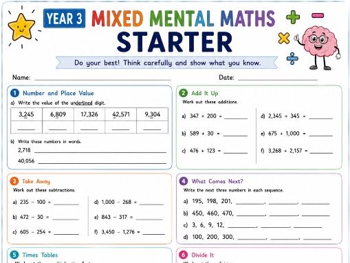 Year 3 Mixed Mental Maths Starter | KS2 Maths Starter Activity | Daily Maths Practice Worksheet