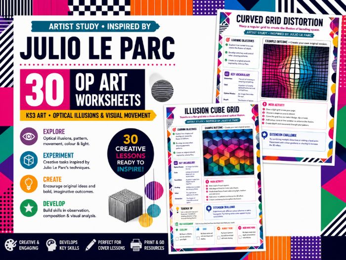 Julio Le Parc Inspired Op Art Worksheets | 30 Optical Illusion Art Activities | KS3 Art