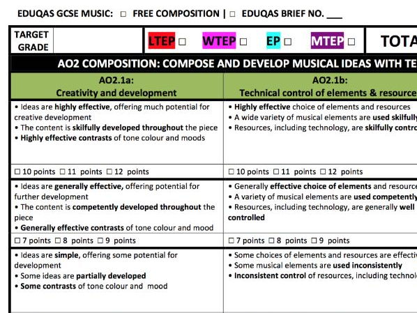 Eduqas GCSE Music: SA/PA/TA Assessment Rubrics | Teaching Resources