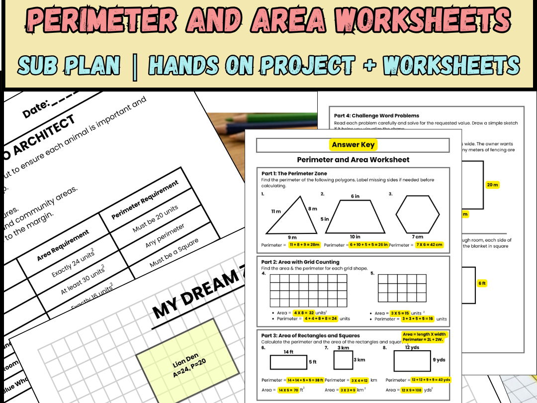 Area and Perimeter Worksheet: Practice & Project Based Learning No Prep Sub Plan