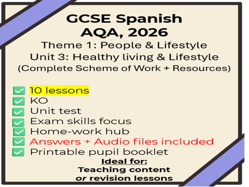 AQA 2026 GCSE Spanish: Unit 3 Healthy Living & Lifestyle NEW SPEC (10 lessons/full SOW + extras)