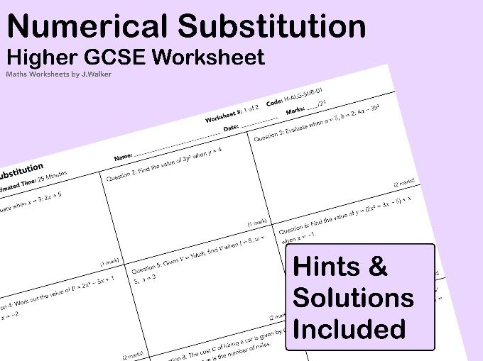 GCSE Maths Worksheet: Numerical Substitution - Higher Tier