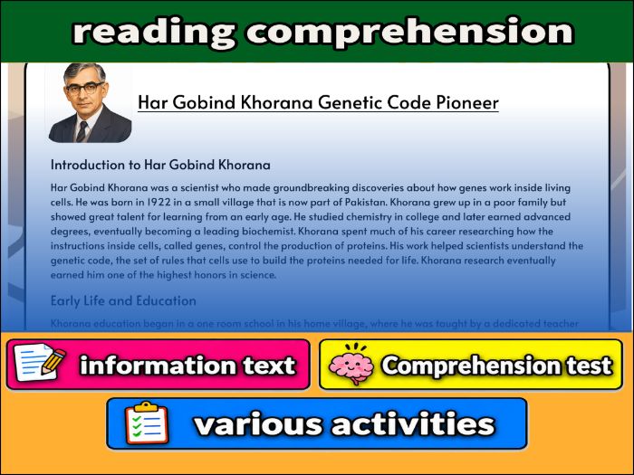 Har Gobind Khorana Genetic Code Pioneer- Reading Comprehension, study guide & Activities