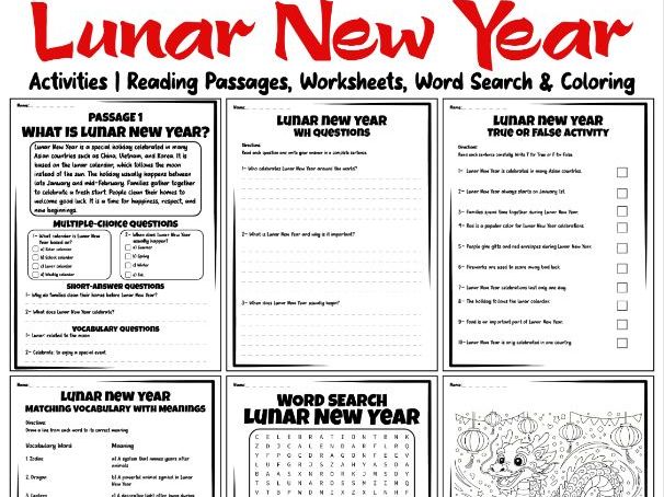 Lunar New Year Activities | Reading Passages, Worksheets, Word Search & Coloring