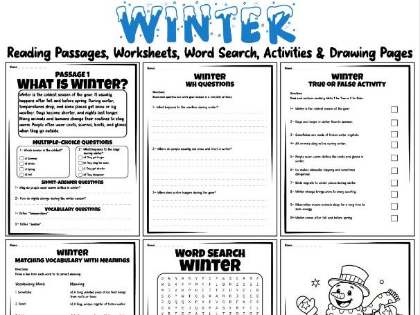 Winter Reading Passages, Worksheets, Word Search, Activities & Drawing Pages