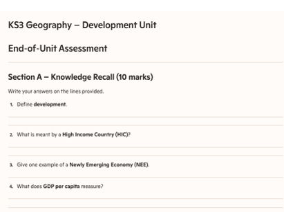 KS3 Development Assessment and Knowledge Organiser