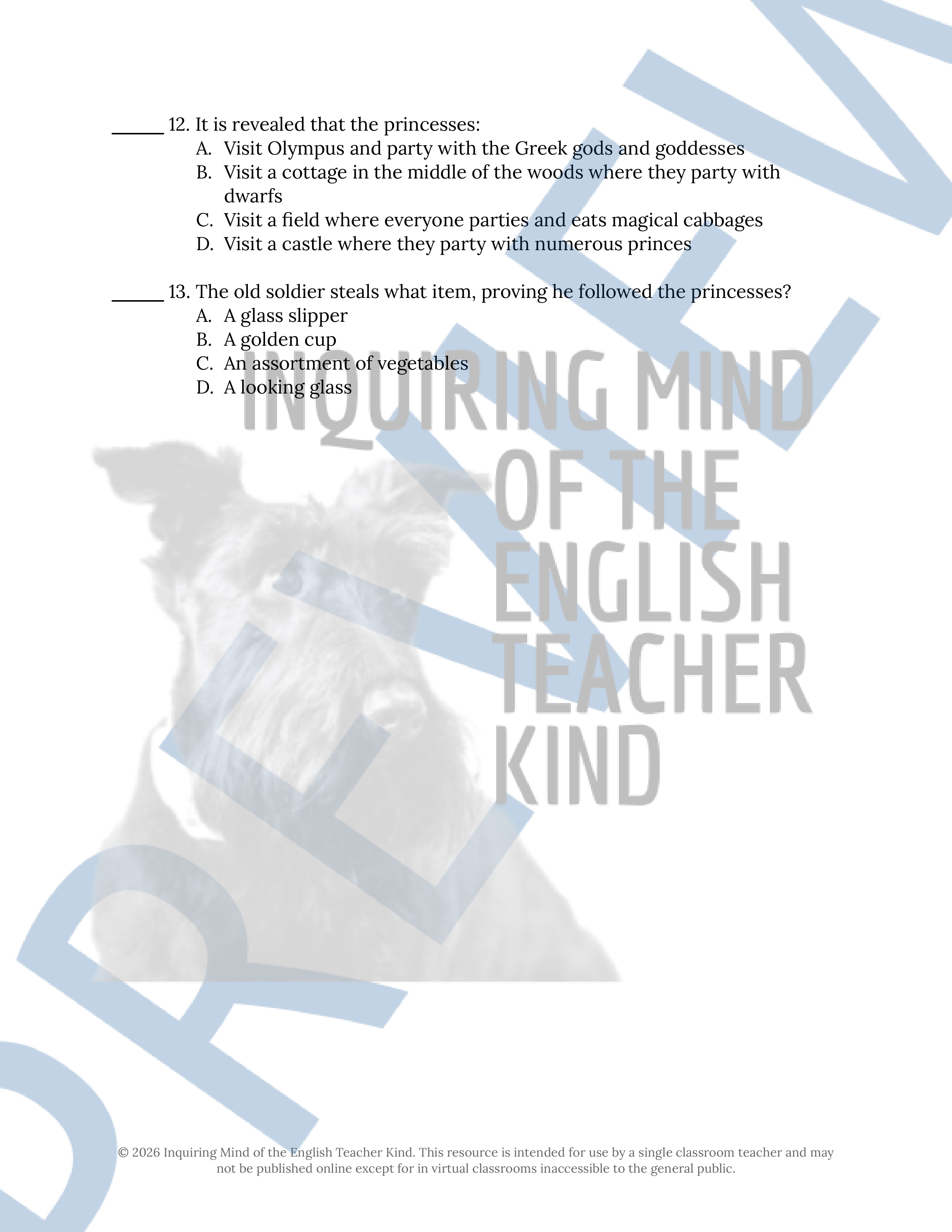 "The Twelve Dancing Princesses" by the Brothers Grimm Quiz and Answer ...