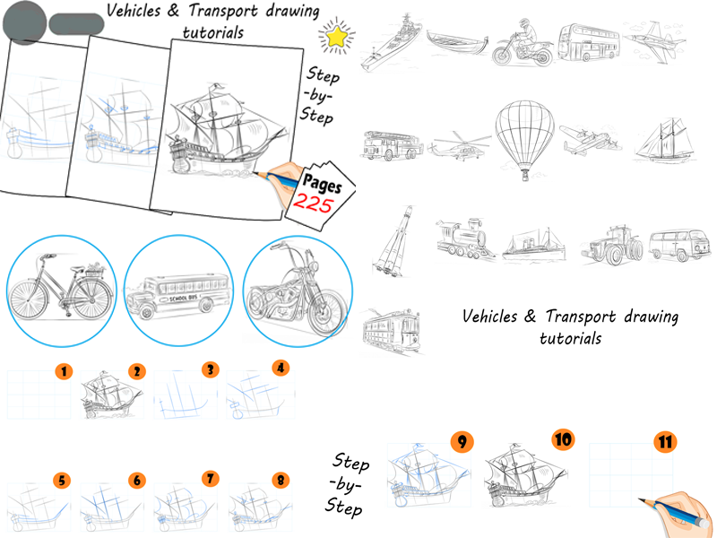 Bundle How to Draw Vehicles & Transport drawing tutorialsStep-by-Step Guides