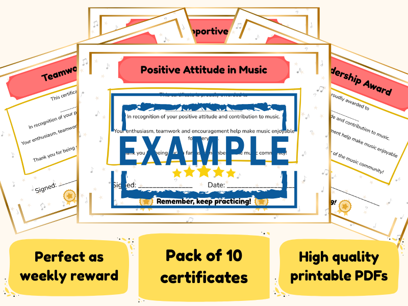 Music Attitude Certificates: 10 Weekly Certificates for Teamwork, Effort & Participation (Printable)