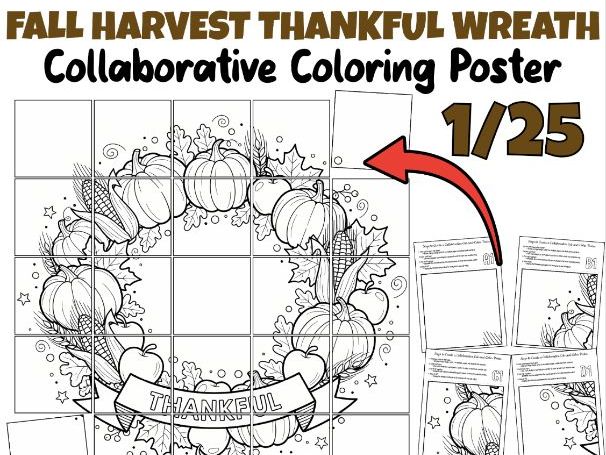 Fall Harvest Thankful Wreath Collaborative Coloring Poster | Gratitude Activity