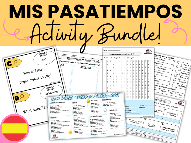 Spanish Free Time Pasatiempos BUNDLE: worksheets, scavenger, wordmat & more!