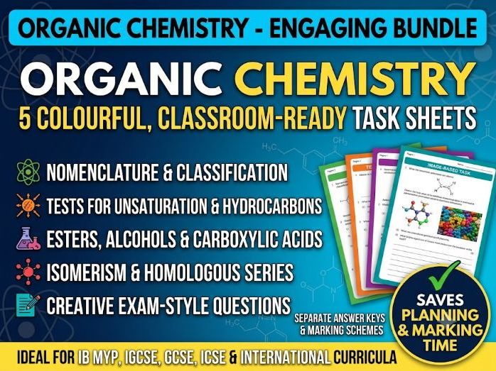 Organic Chemistry Task Sheet Bundle | 5 Worksheets + Answers & Marking Schemes