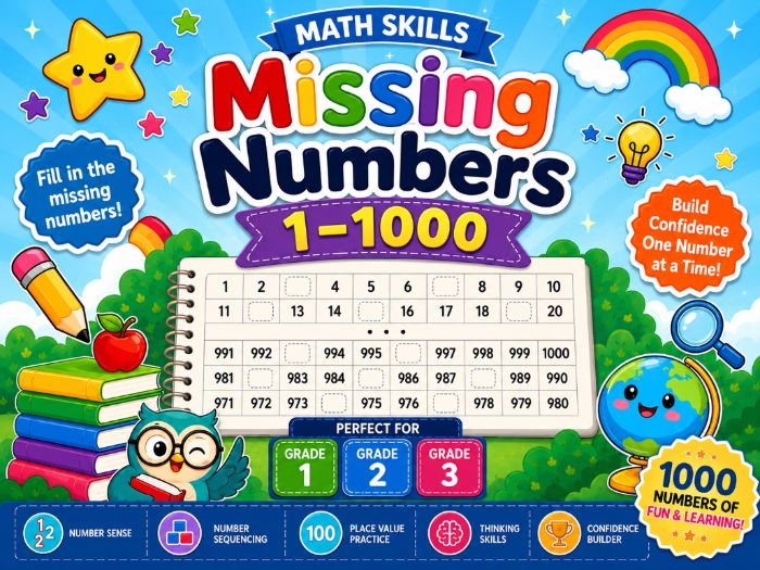 Missing Numbers 1-1000 Worksheets | Number Sequencing & Number Sense | Kindergarten-3rd Grade