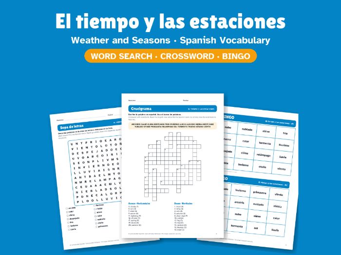 Weather and Seasons in Spanish: Word Search, Crossword & Bingo