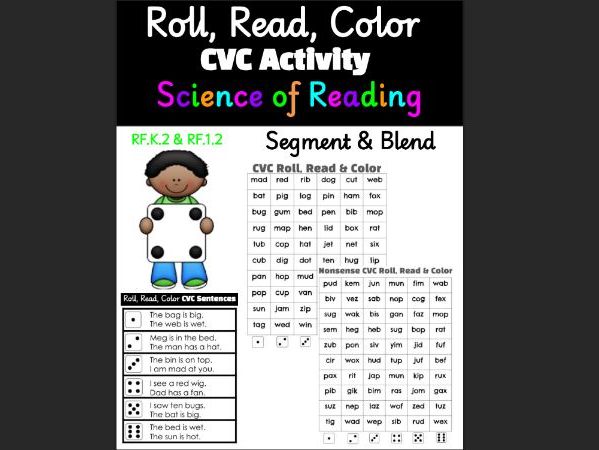 CVC Roll, Read & Color Words and Sentences