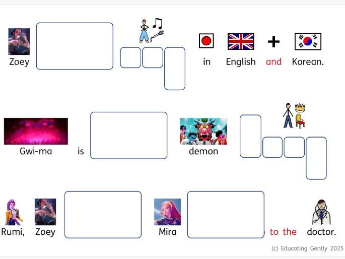 K Pop Demon Hunters writing simple sentences using HFW and Phase 2 phonics SEND friendly