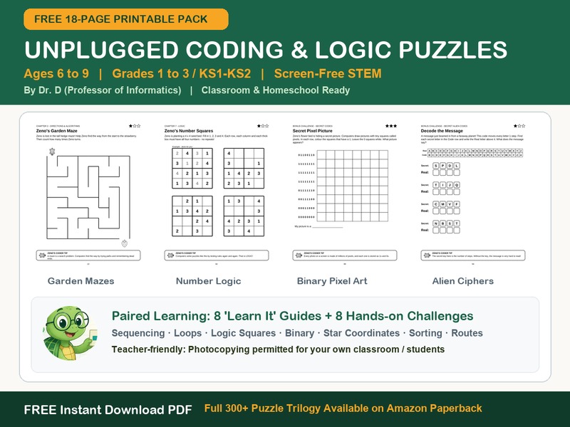 Unplugged Coding & Logic Puzzles | Screen-Free Computational Thinking (Ages 6-9 / KS1-KS2)