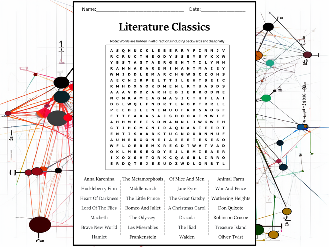 Literature Classics Word Search Puzzle Worksheet Activity Teaching