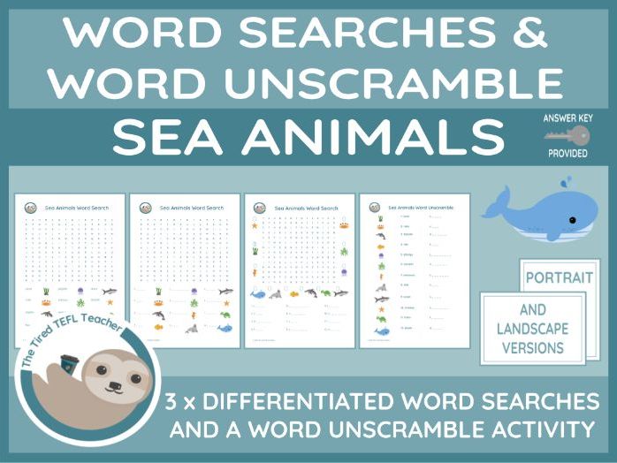 ESL Sea Animals Differentiated Word Searches and Word Unscramble