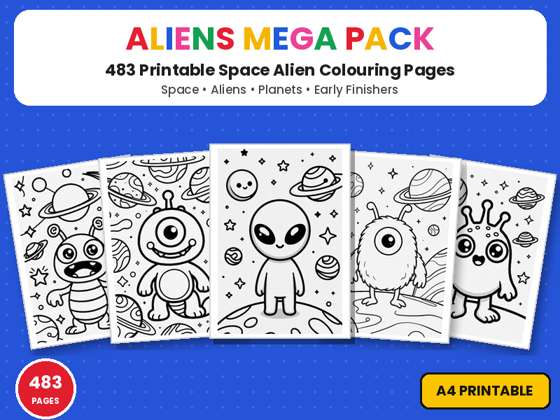 Aliens Mega Pack Colouring Pages | 483 Space Alien & Planet Printable Colouring Page Worksheets