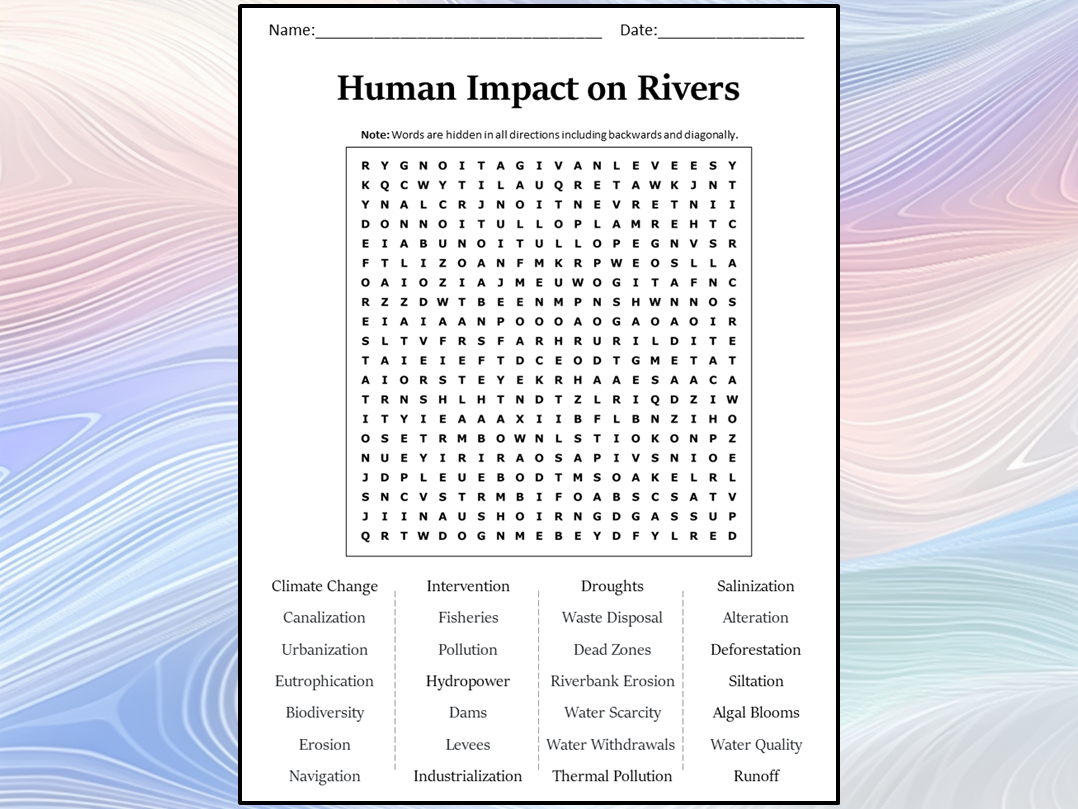 Human Impact on Rivers Word Search Puzzle Worksheet Activity Teaching