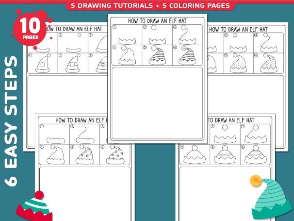 How to Draw an Elf Hat, Christmas Directed Drawing, Holiday Art + Colouring Pages