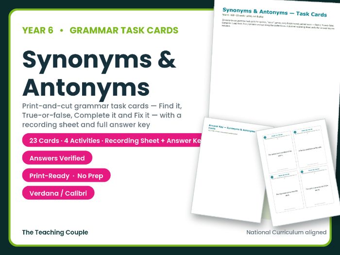 Year 6 Synonyms & Antonyms Task Cards – 23 Grammar Cards + Answer Key