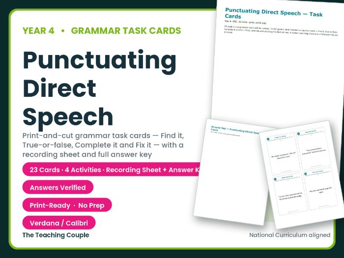 Year 4 Punctuating Direct Speech Grammar Task Cards + Answer Key